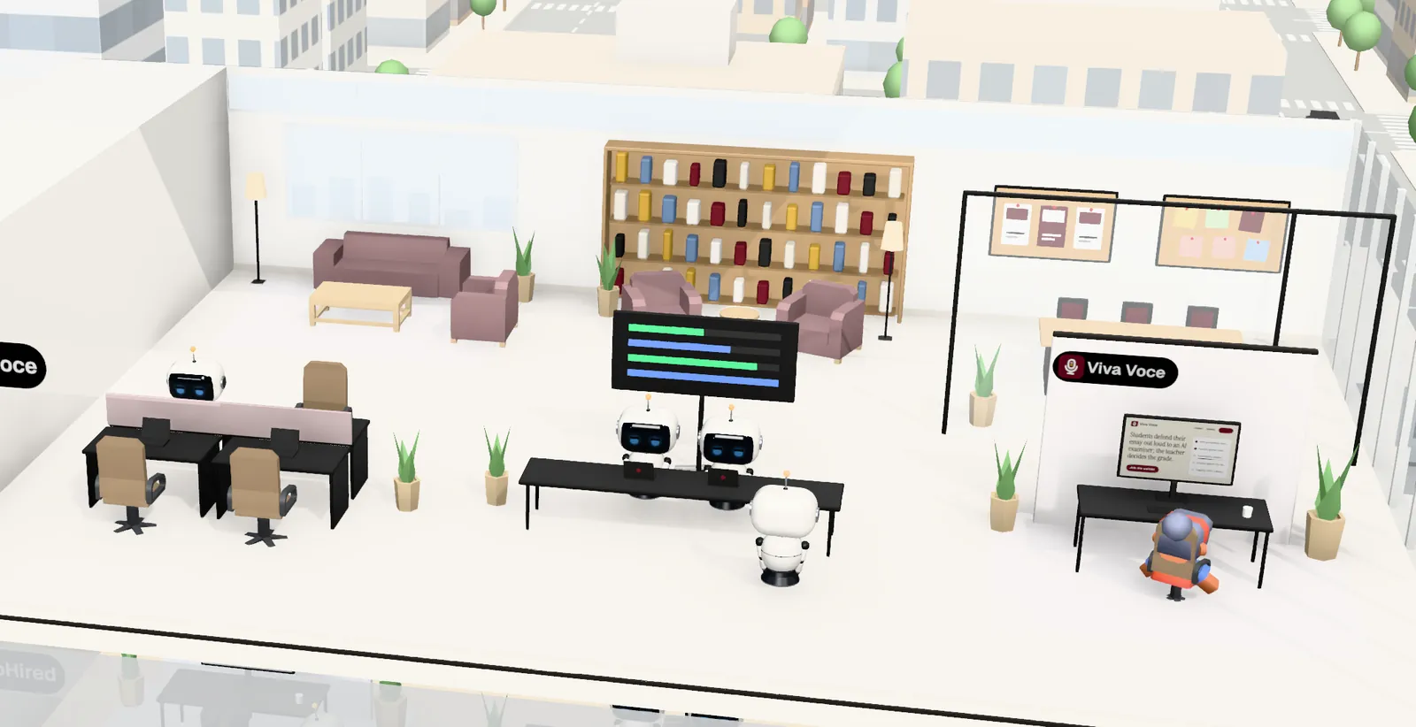 Viva Voce’s office on floor 8 of Tower 1: the owner’s desk with the website on screen, the agents’ bench, a meeting room and a library